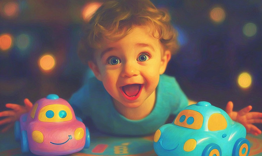 Child happily playing with colorful toys