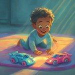 Child happily playing with colorful building blocks