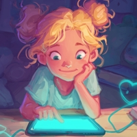 Child happily playing with a tablet